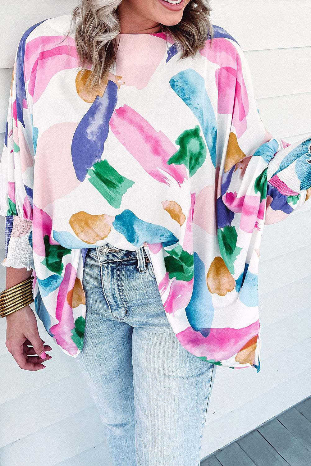 Multicolor Abstract Print Shirred Dolman Sleeve Oversized Blouse - Vesteeto