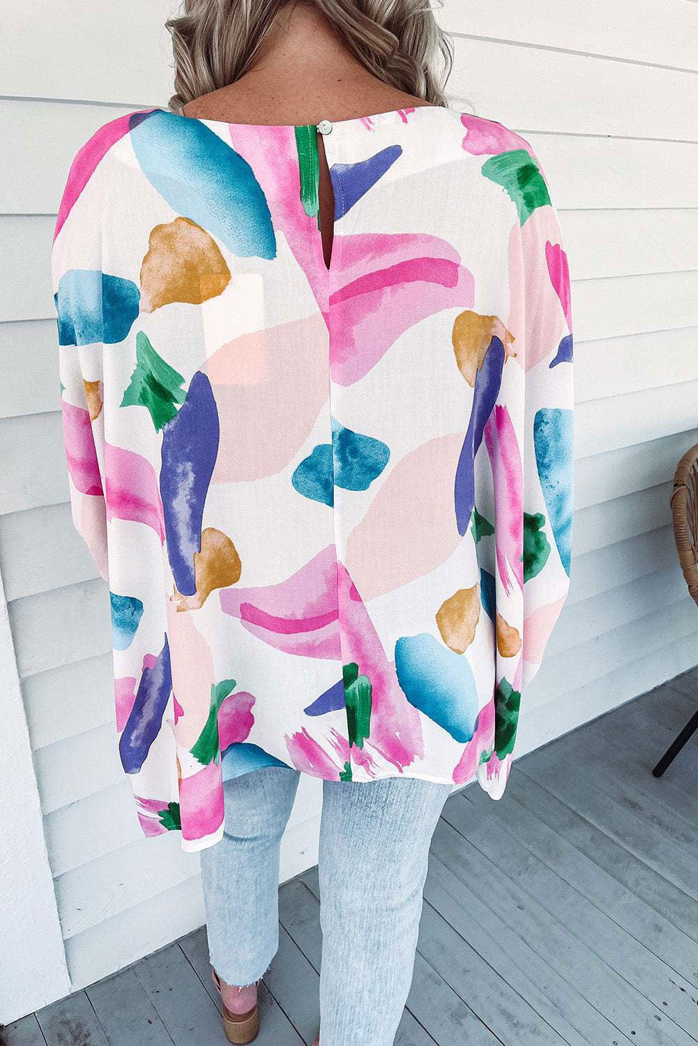 Multicolor Abstract Print Shirred Dolman Sleeve Oversized Blouse - Vesteeto