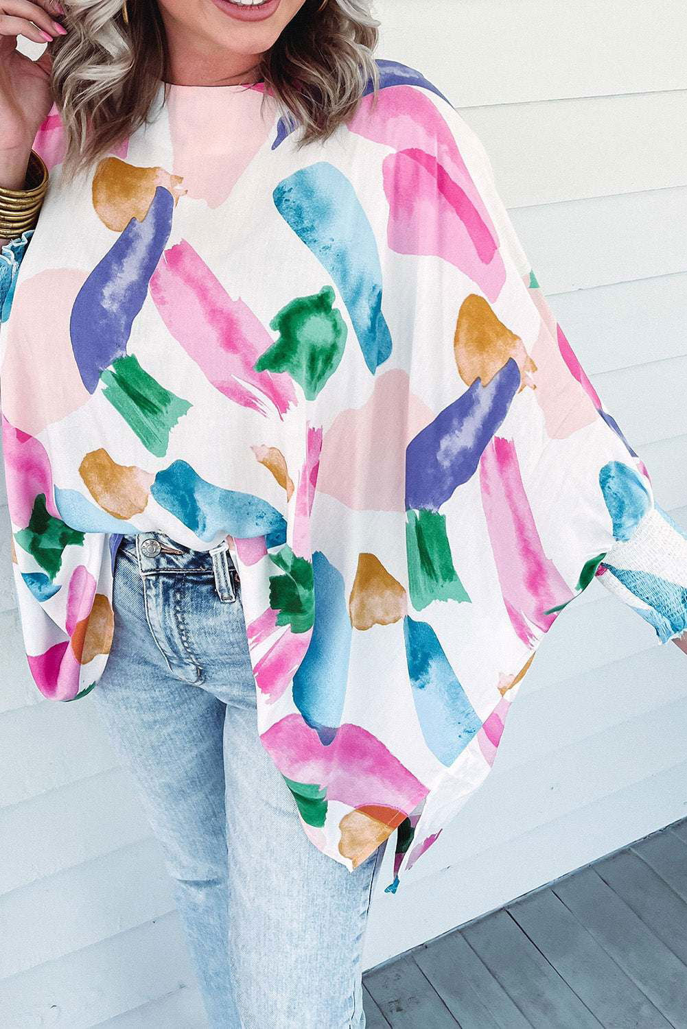 Multicolor Abstract Print Shirred Dolman Sleeve Oversized Blouse - Vesteeto