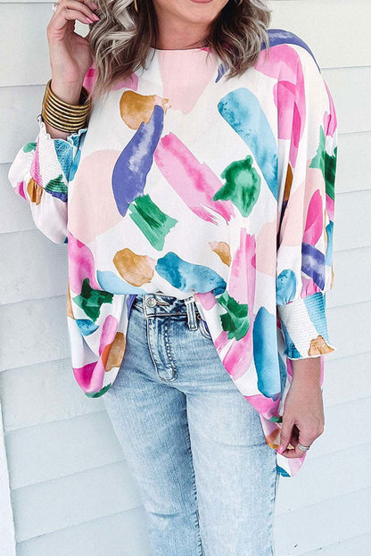 Multicolor Abstract Print Shirred Dolman Sleeve Oversized Blouse - Vesteeto