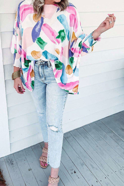 Multicolor Abstract Print Shirred Dolman Sleeve Oversized Blouse - Vesteeto