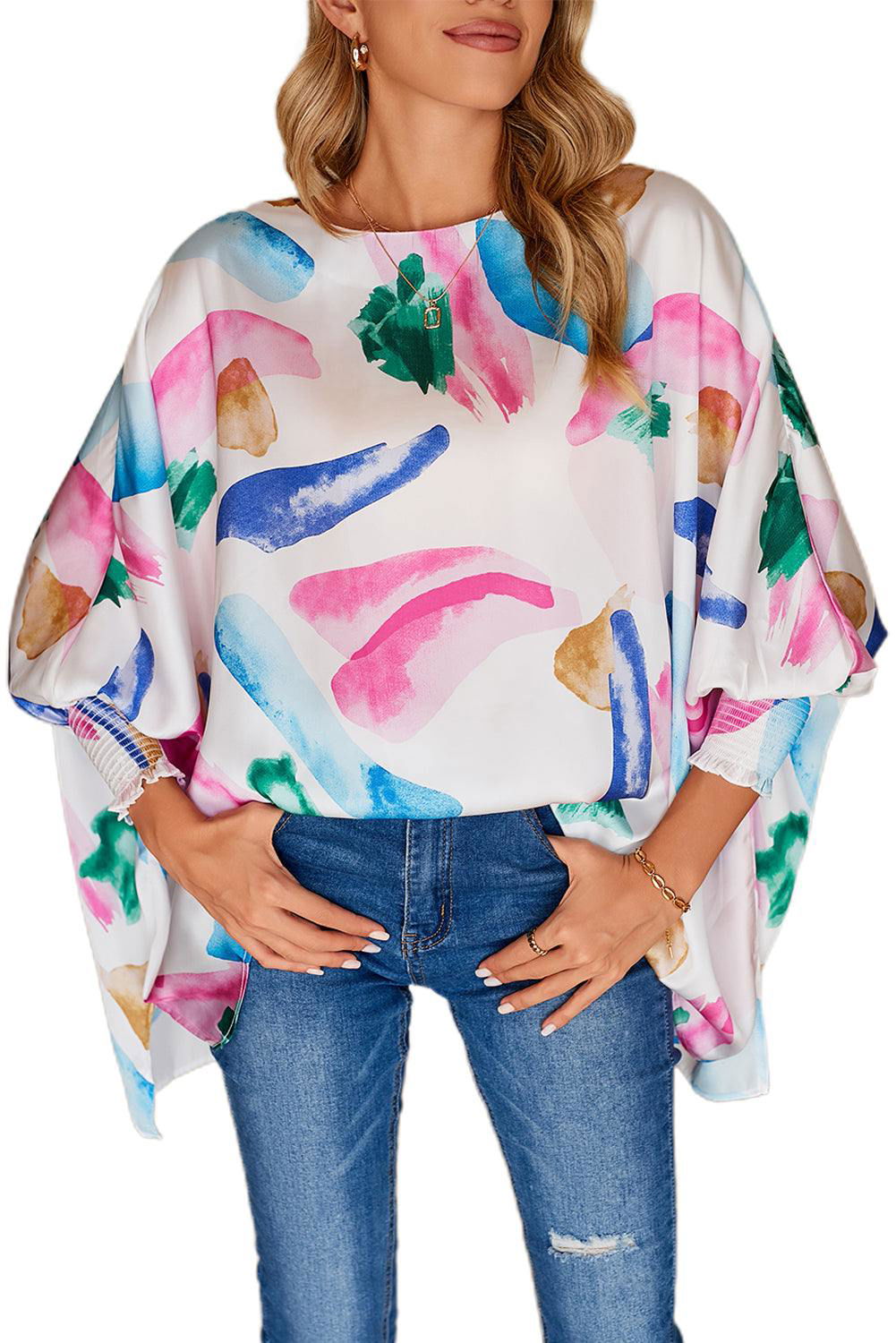 Multicolor Abstract Print Shirred Dolman Sleeve Oversized Blouse - Vesteeto