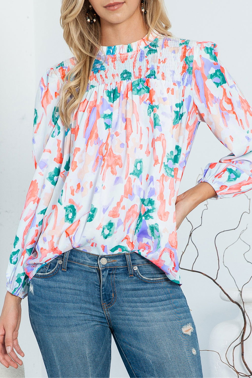 Multicolor Abstract Print Smocked Long Sleeve Blouse - Vesteeto