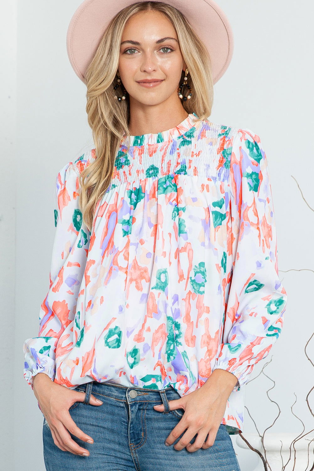 Multicolor Abstract Print Smocked Long Sleeve Blouse - Vesteeto