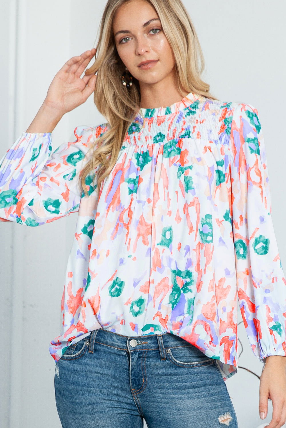 Multicolor Abstract Print Smocked Long Sleeve Blouse - Vesteeto