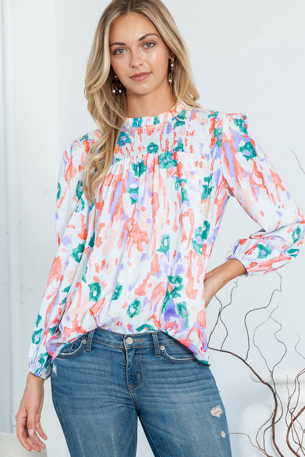 Multicolor Abstract Print Smocked Long Sleeve Blouse - Vesteeto