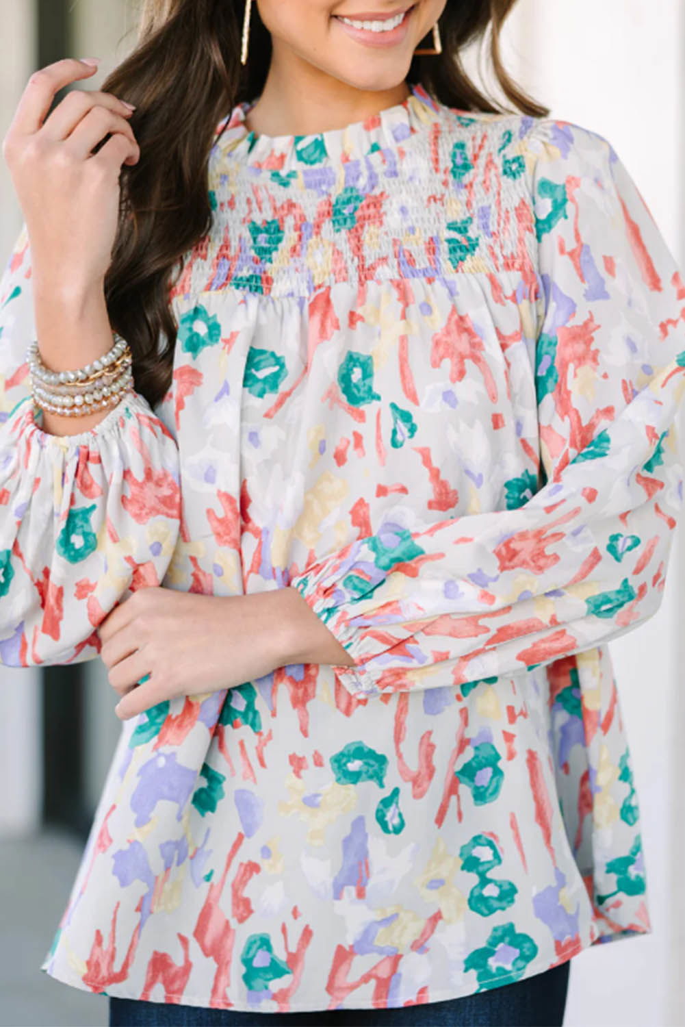 Multicolor Abstract Print Smocked Long Sleeve Blouse - Vesteeto