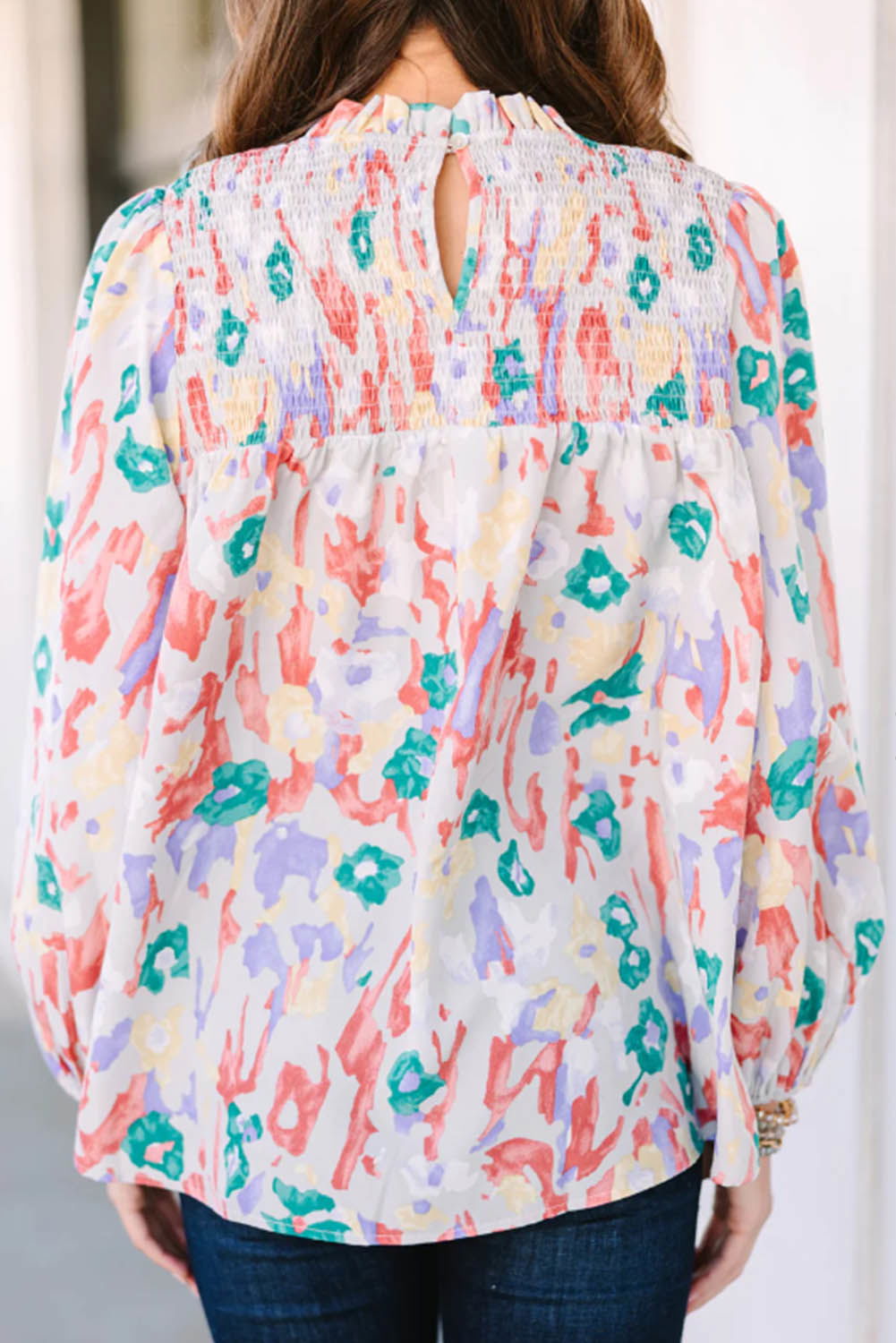 Multicolor Abstract Print Smocked Long Sleeve Blouse - Vesteeto