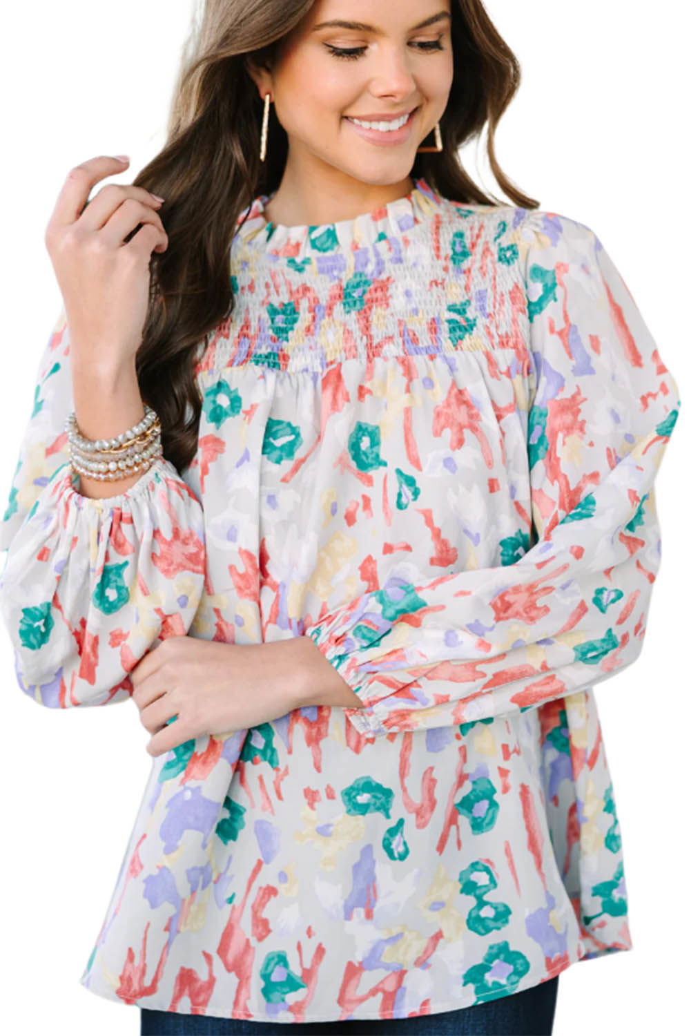 Multicolor Abstract Print Smocked Long Sleeve Blouse - Vesteeto