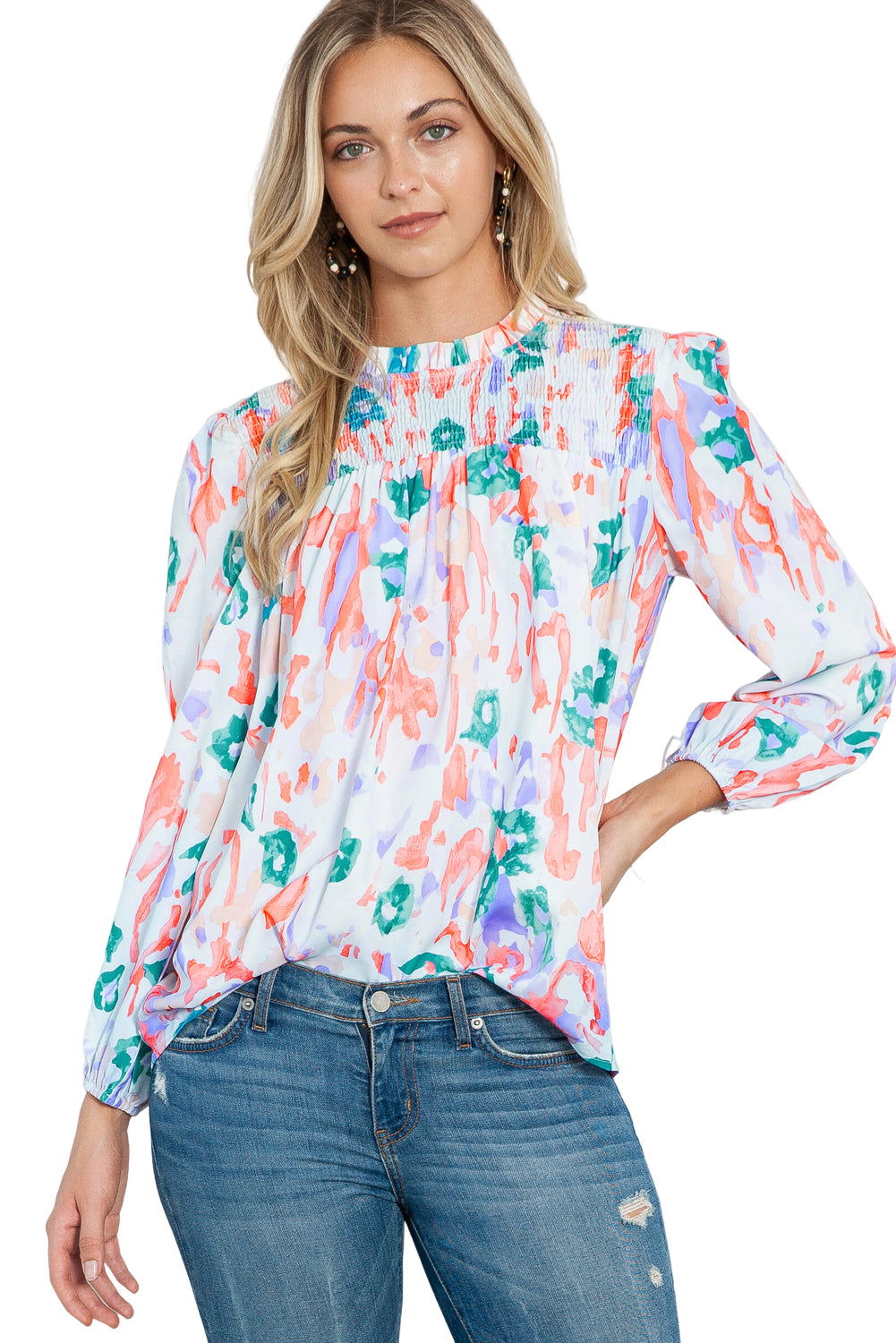 Multicolor Abstract Print Smocked Long Sleeve Blouse - Vesteeto