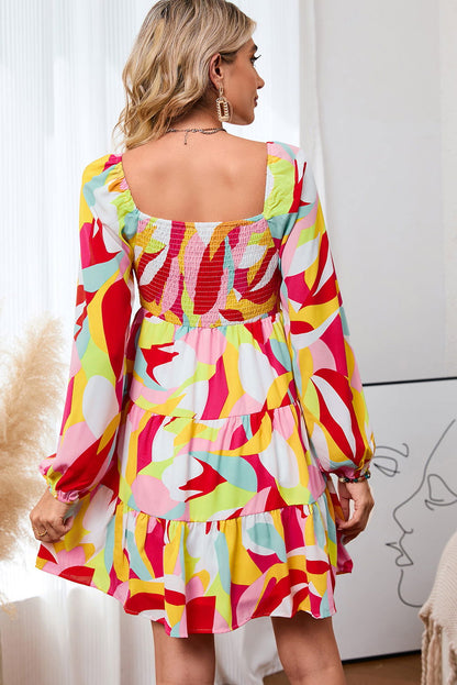 Multicolor Abstract Print Smocked Puff Sleeve Tiered Mini Dress - Vesteeto