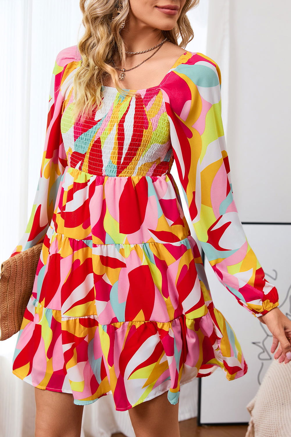 Multicolor Abstract Print Smocked Puff Sleeve Tiered Mini Dress - Vesteeto