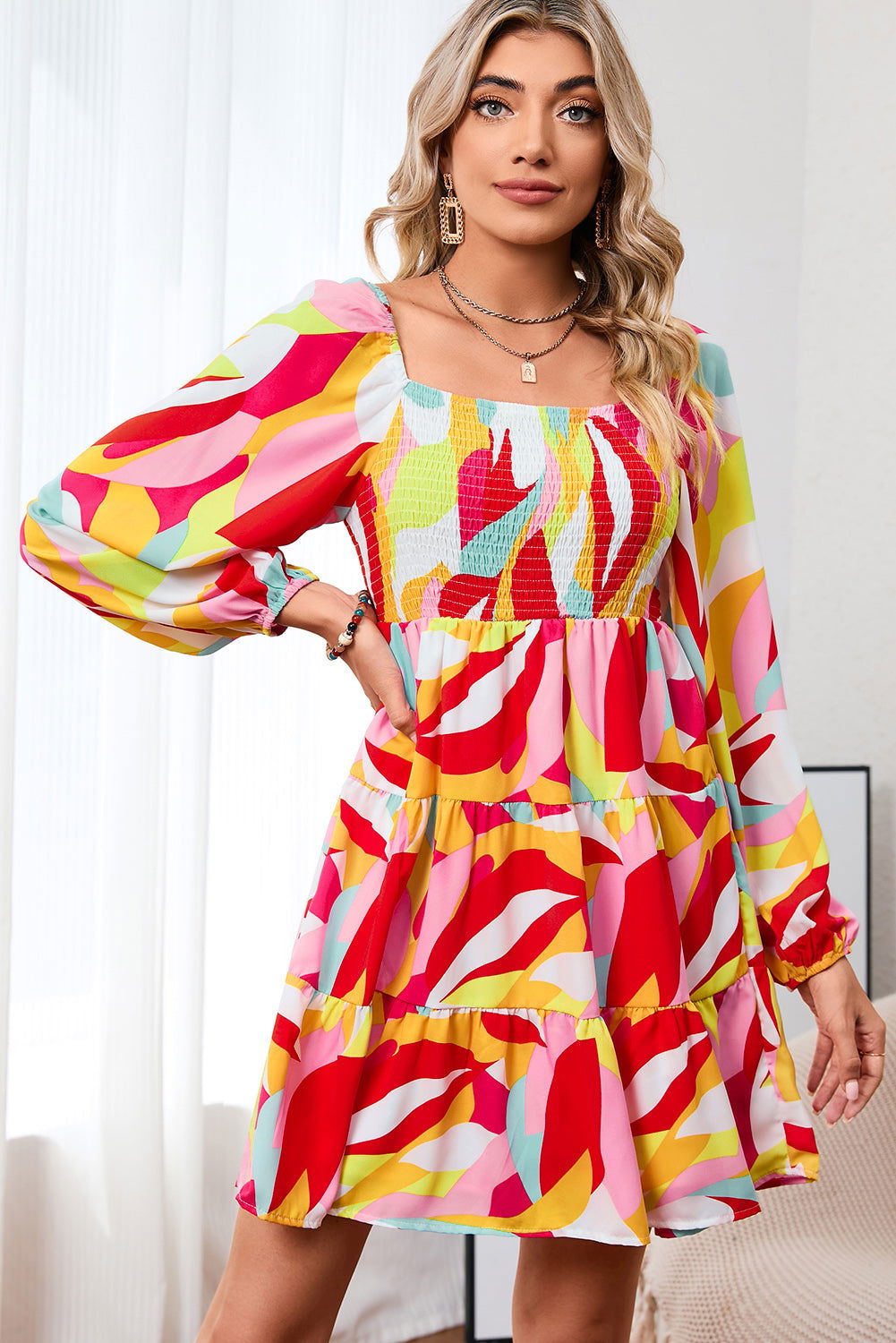 Multicolor Abstract Print Smocked Puff Sleeve Tiered Mini Dress - Vesteeto