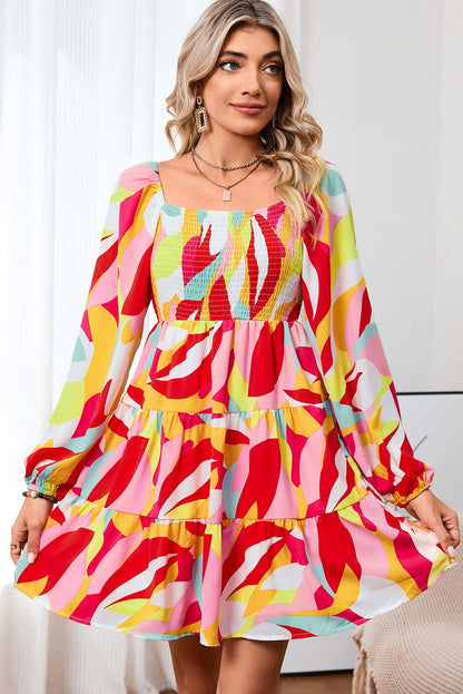 Multicolor Abstract Print Smocked Puff Sleeve Tiered Mini Dress - Vesteeto