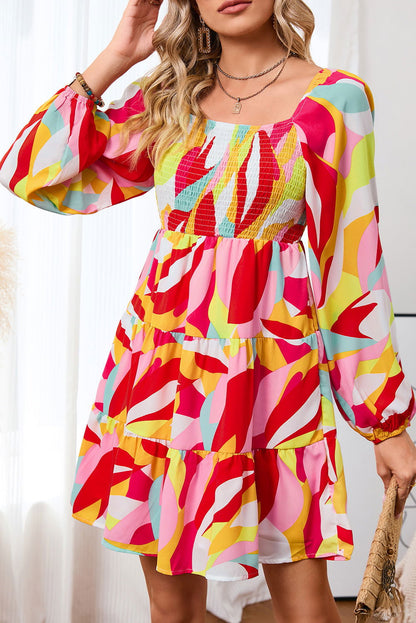 Multicolor Abstract Print Smocked Puff Sleeve Tiered Mini Dress - Vesteeto