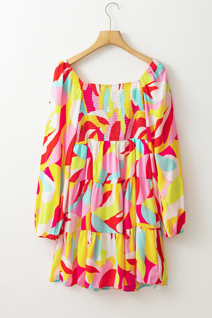 Multicolor Abstract Print Smocked Puff Sleeve Tiered Mini Dress - Vesteeto