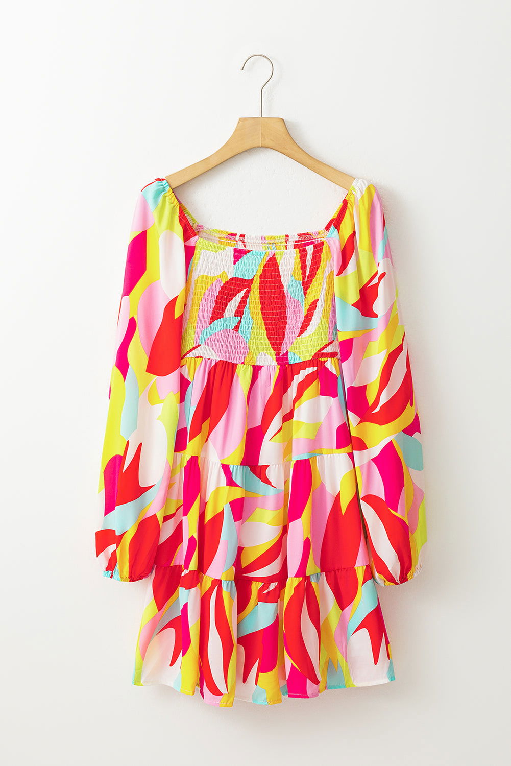 Multicolor Abstract Print Smocked Puff Sleeve Tiered Mini Dress - Vesteeto