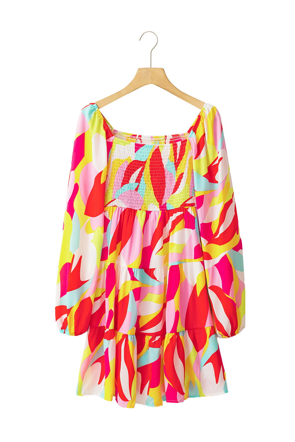 Multicolor Abstract Print Smocked Puff Sleeve Tiered Mini Dress - Vesteeto