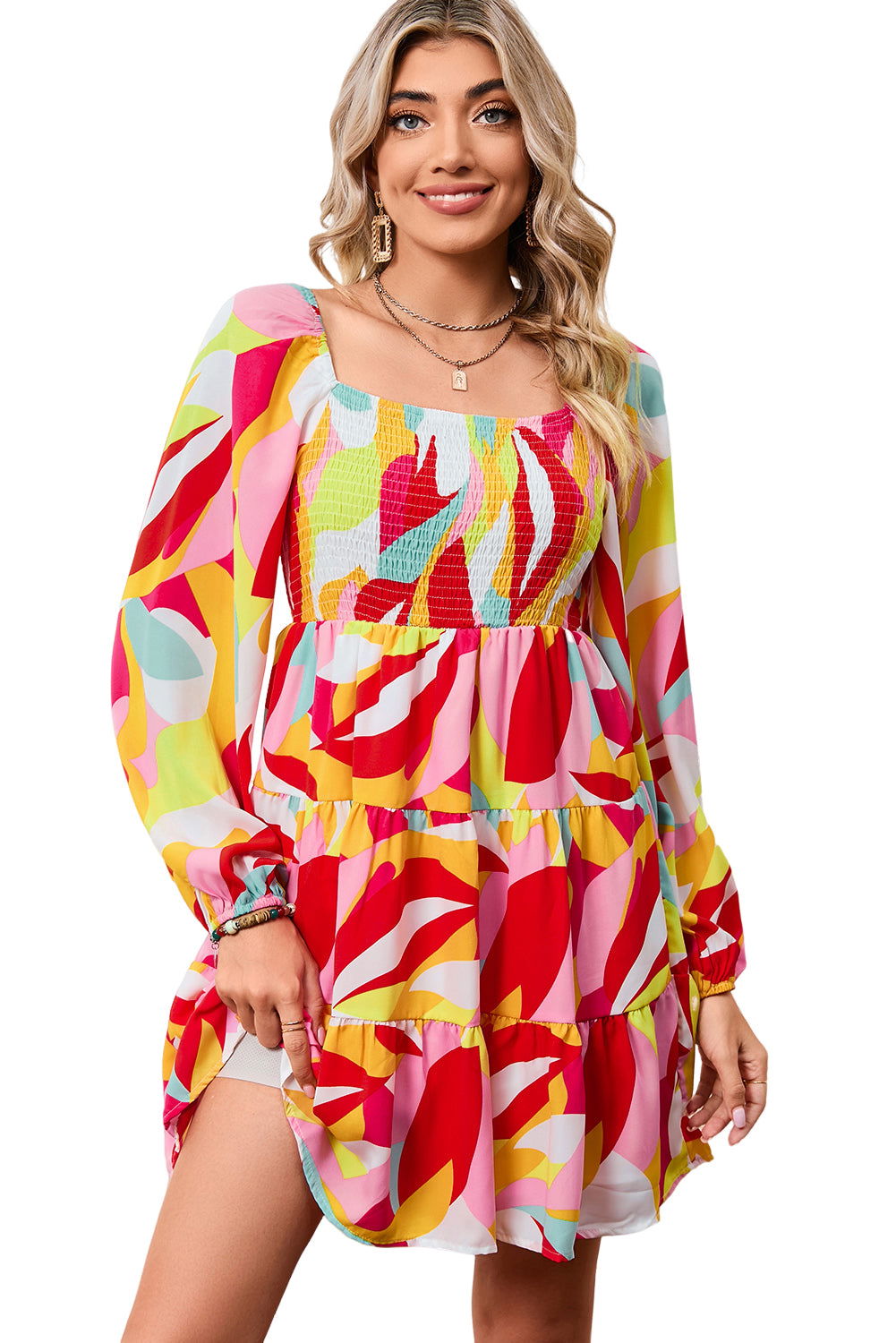 Multicolor Abstract Print Smocked Puff Sleeve Tiered Mini Dress - Vesteeto