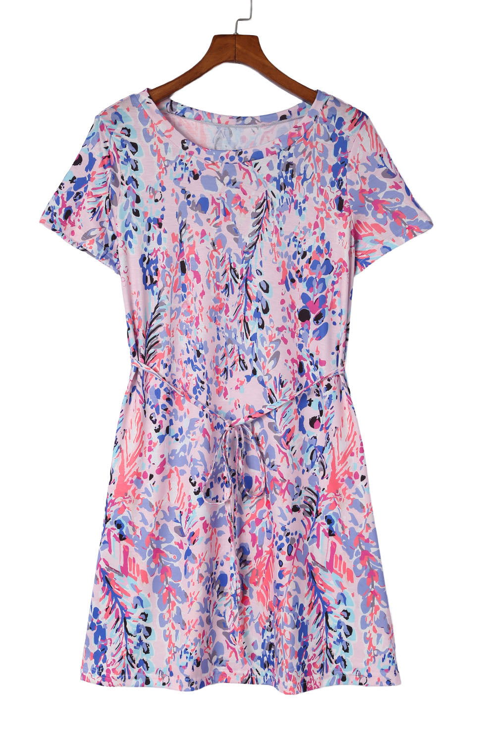 Multicolor Abstract Print Tie Back Short Sleeve Casual T Shirt Dress - Vesteeto