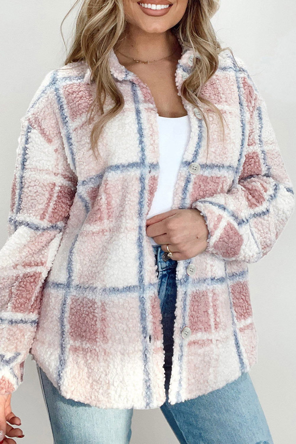 Multicolor Check Print Turn Down Collar Sherpa Jacket - Vesteeto