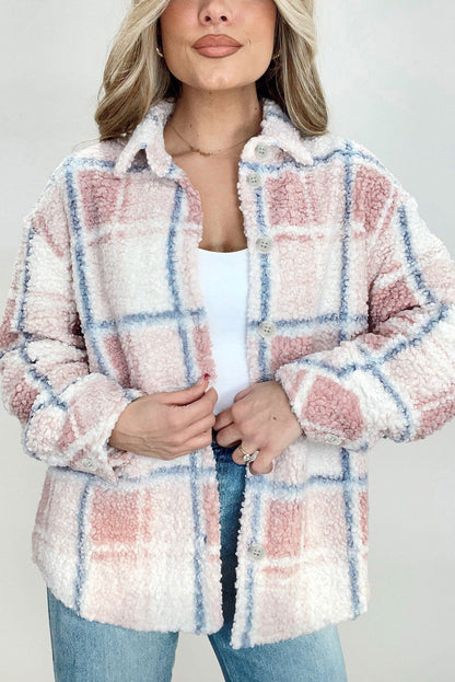 Multicolor Check Print Turn Down Collar Sherpa Jacket - Vesteeto