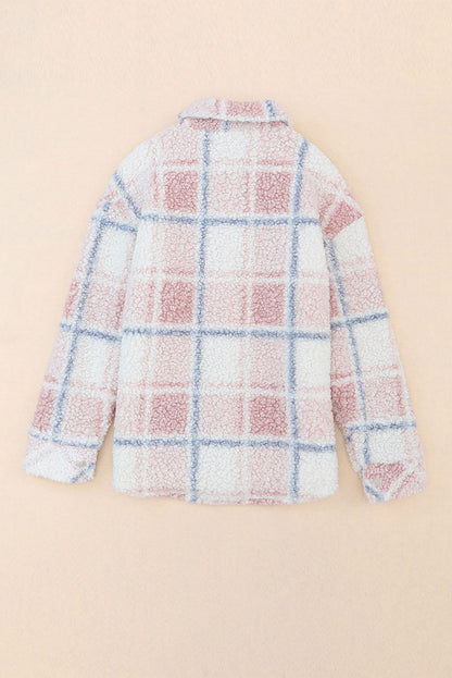 Multicolor Check Print Turn Down Collar Sherpa Jacket - Vesteeto