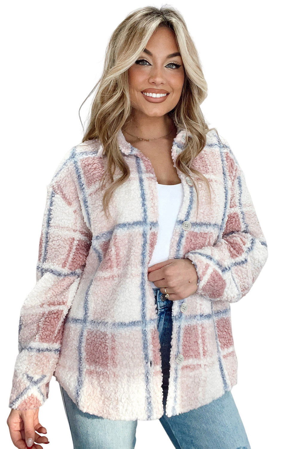 Multicolor Check Print Turn Down Collar Sherpa Jacket - Vesteeto