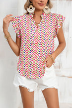 Multicolor Chevron Print Frill V Neck Ruffle Blouse - Vesteeto