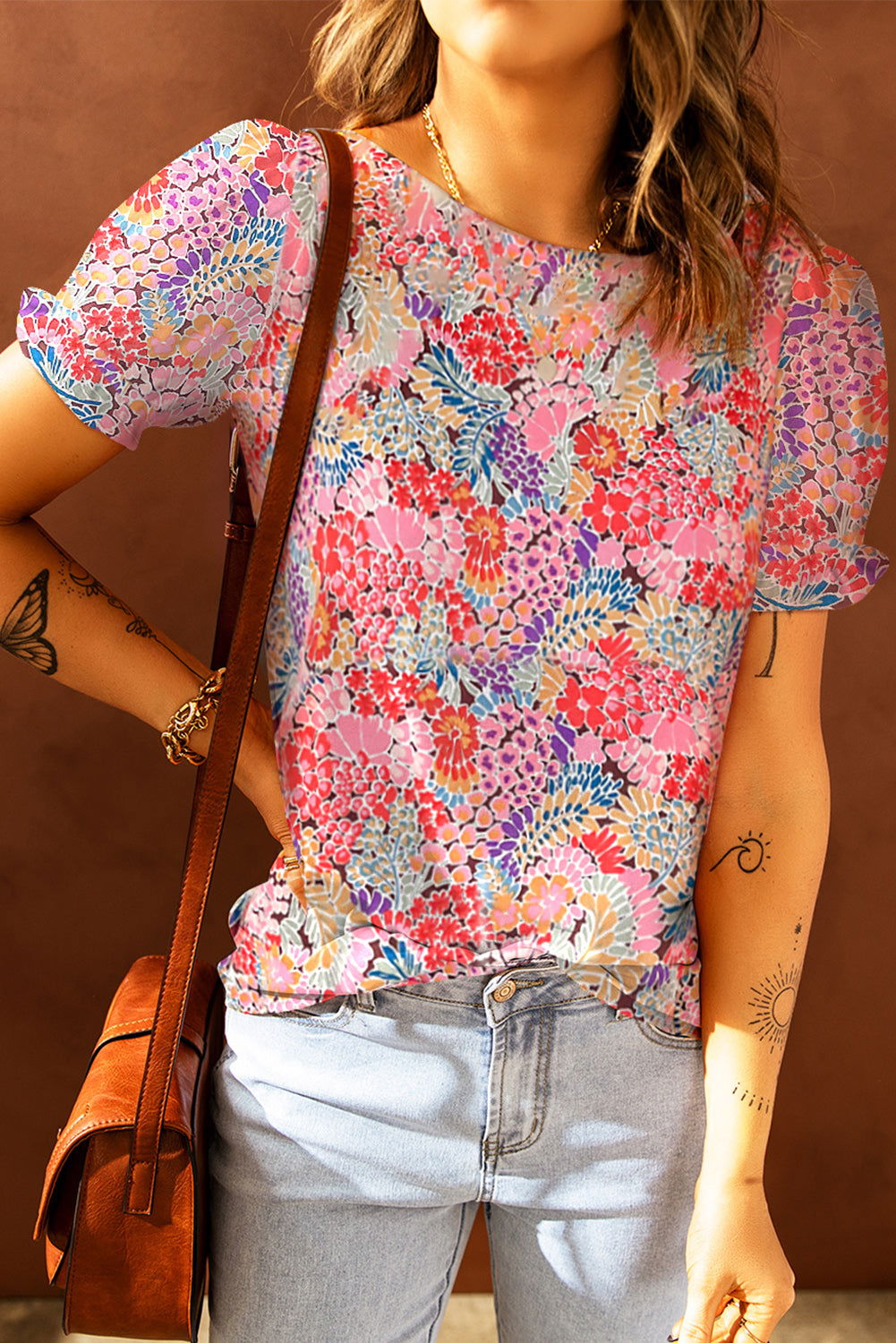 Multicolor Floral Boho Ruffle Bubble Sleeve Blouse - Vesteeto