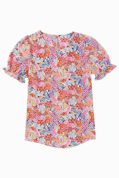 Multicolor Floral Boho Ruffle Bubble Sleeve Blouse - Vesteeto