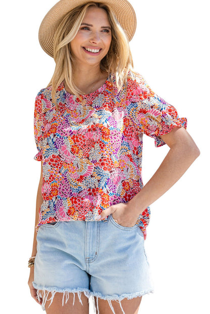 Multicolor Floral Boho Ruffle Bubble Sleeve Blouse - Vesteeto