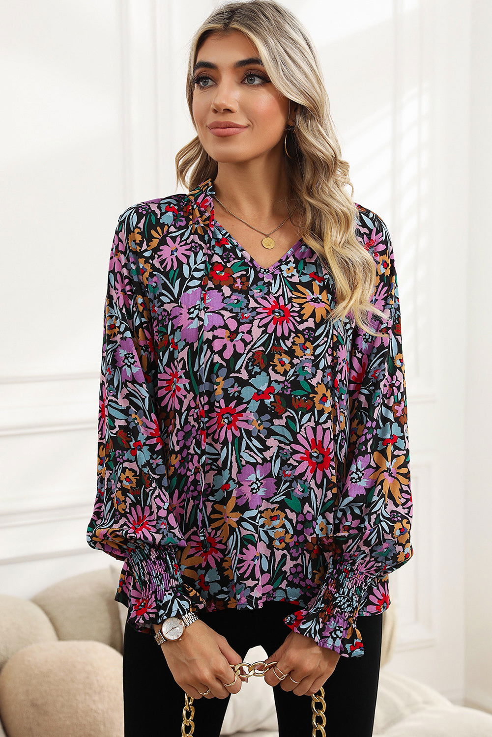 Multicolor Floral Boho Tie V Neck Peasant Blouse - Vesteeto