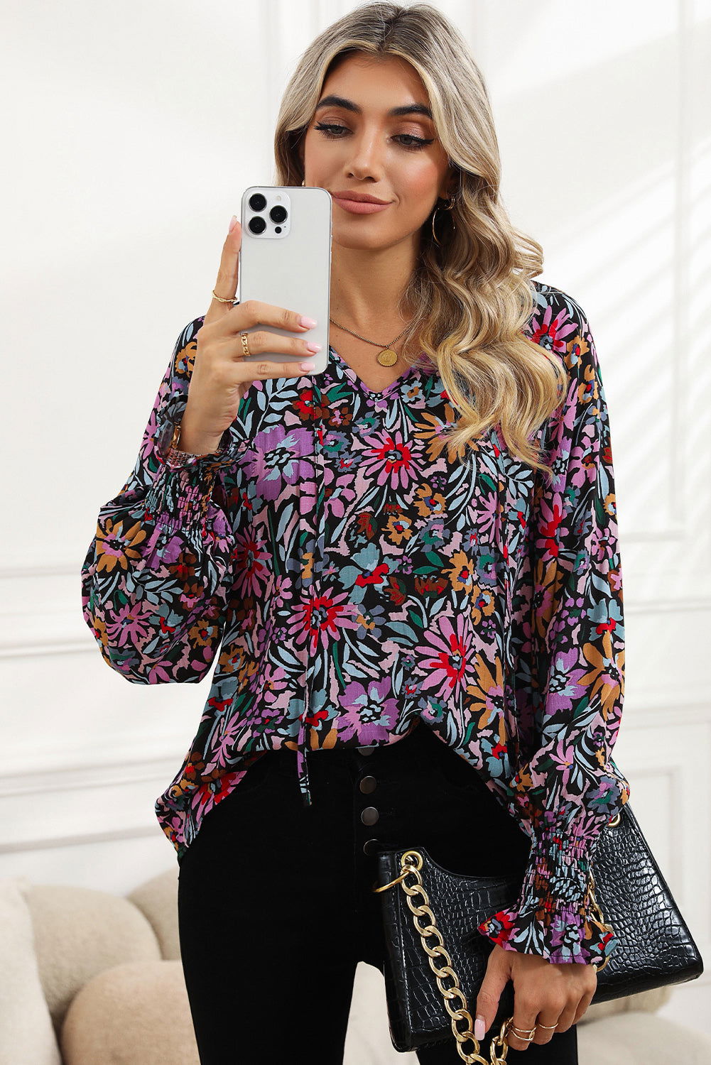 Multicolor Floral Boho Tie V Neck Peasant Blouse - Vesteeto