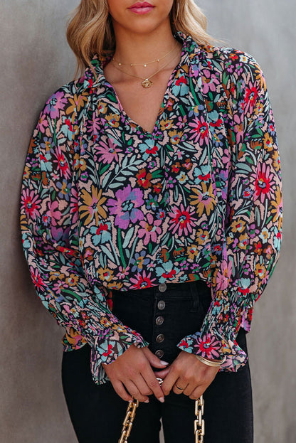 Multicolor Floral Boho Tie V Neck Peasant Blouse - Vesteeto