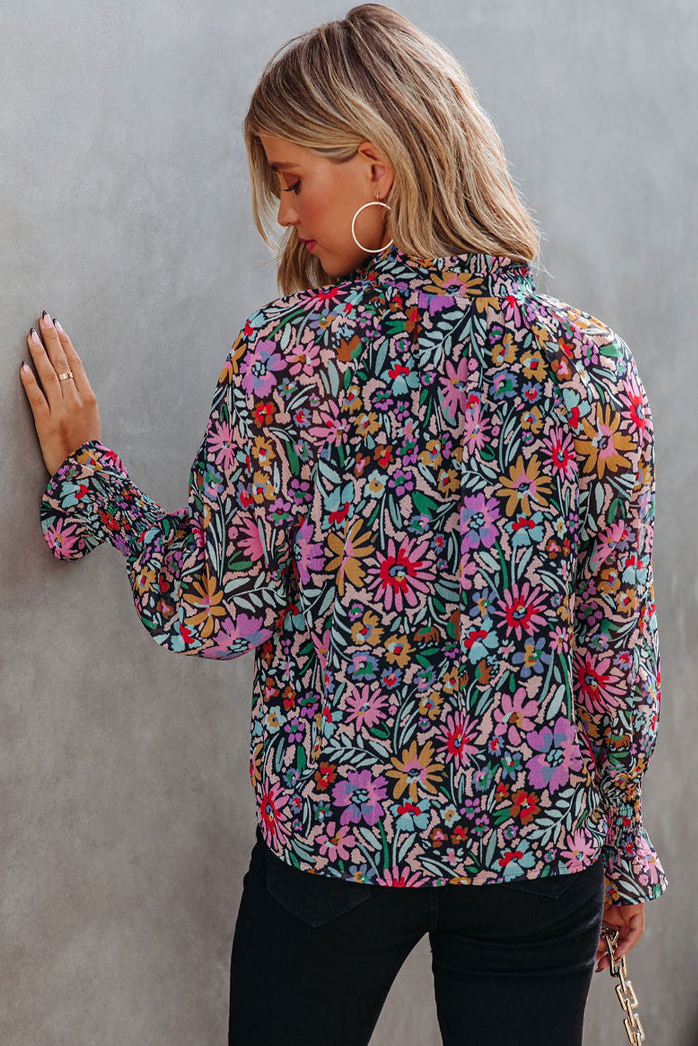 Multicolor Floral Boho Tie V Neck Peasant Blouse - Vesteeto