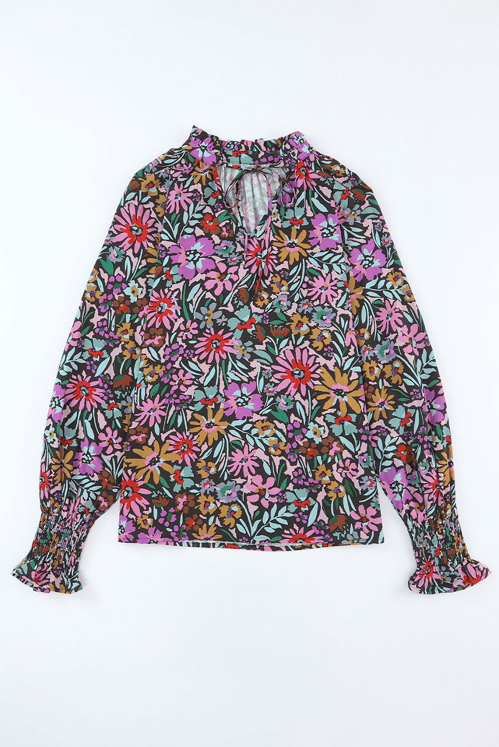 Multicolor Floral Boho Tie V Neck Peasant Blouse - Vesteeto