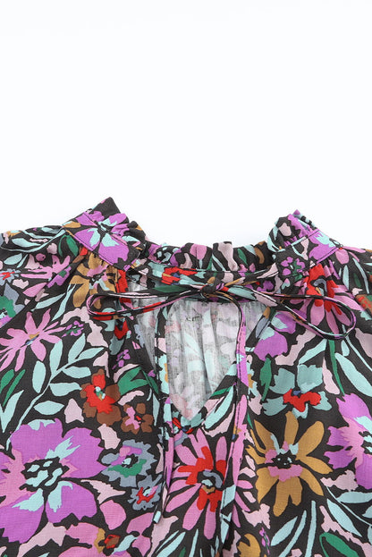 Multicolor Floral Boho Tie V Neck Peasant Blouse - Vesteeto