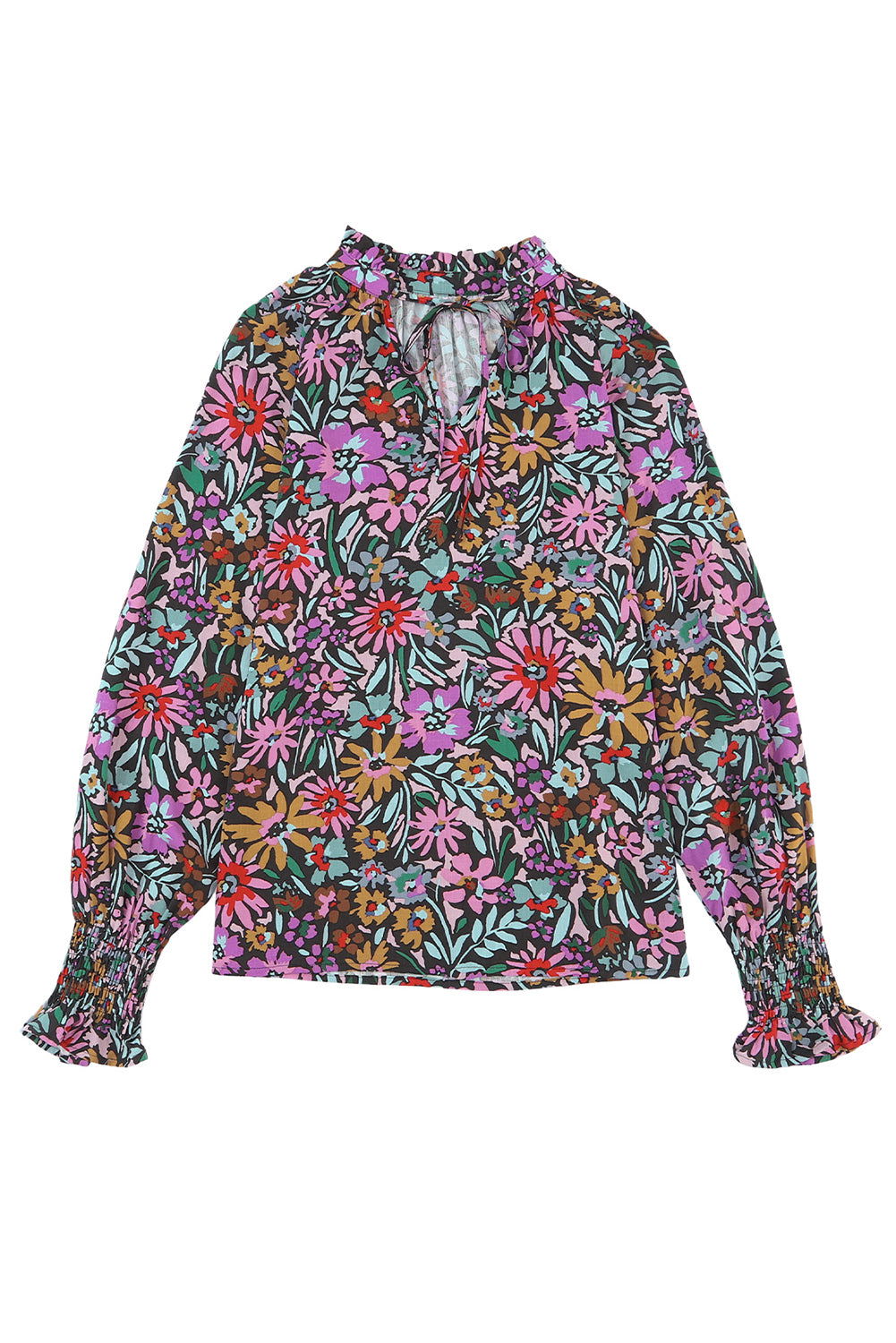 Multicolor Floral Boho Tie V Neck Peasant Blouse - Vesteeto