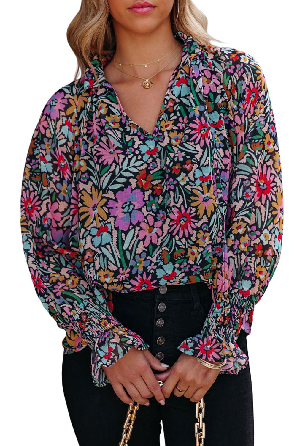 Multicolor Floral Boho Tie V Neck Peasant Blouse - Vesteeto