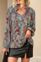 Multicolor Floral Boho V Neck Bishop Sleeve Blouse - Vesteeto