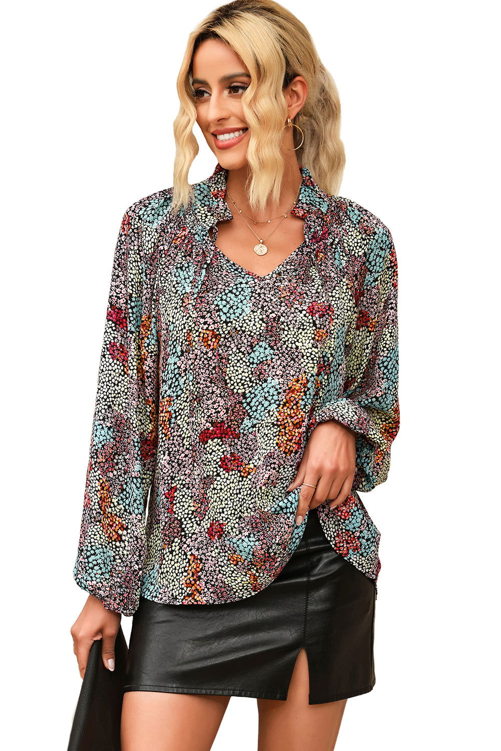 Multicolor Floral Boho V Neck Bishop Sleeve Blouse - Vesteeto