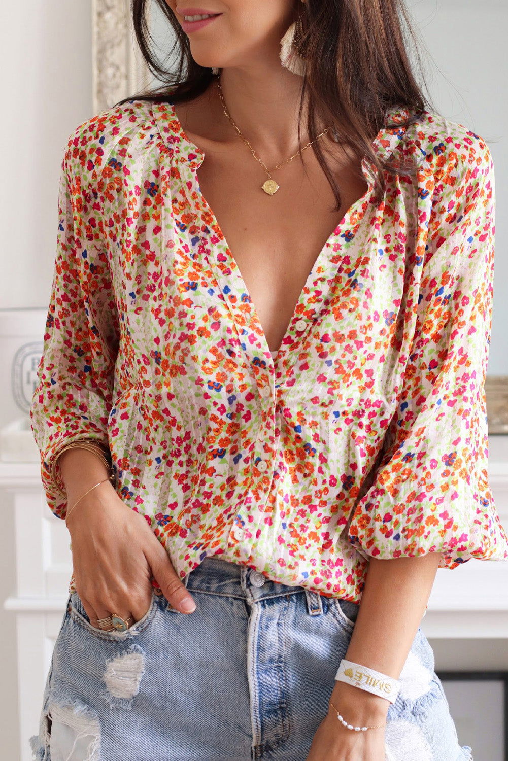 Multicolor Floral Print Boho Button Up Lantern Sleeve Blouse - Vesteeto