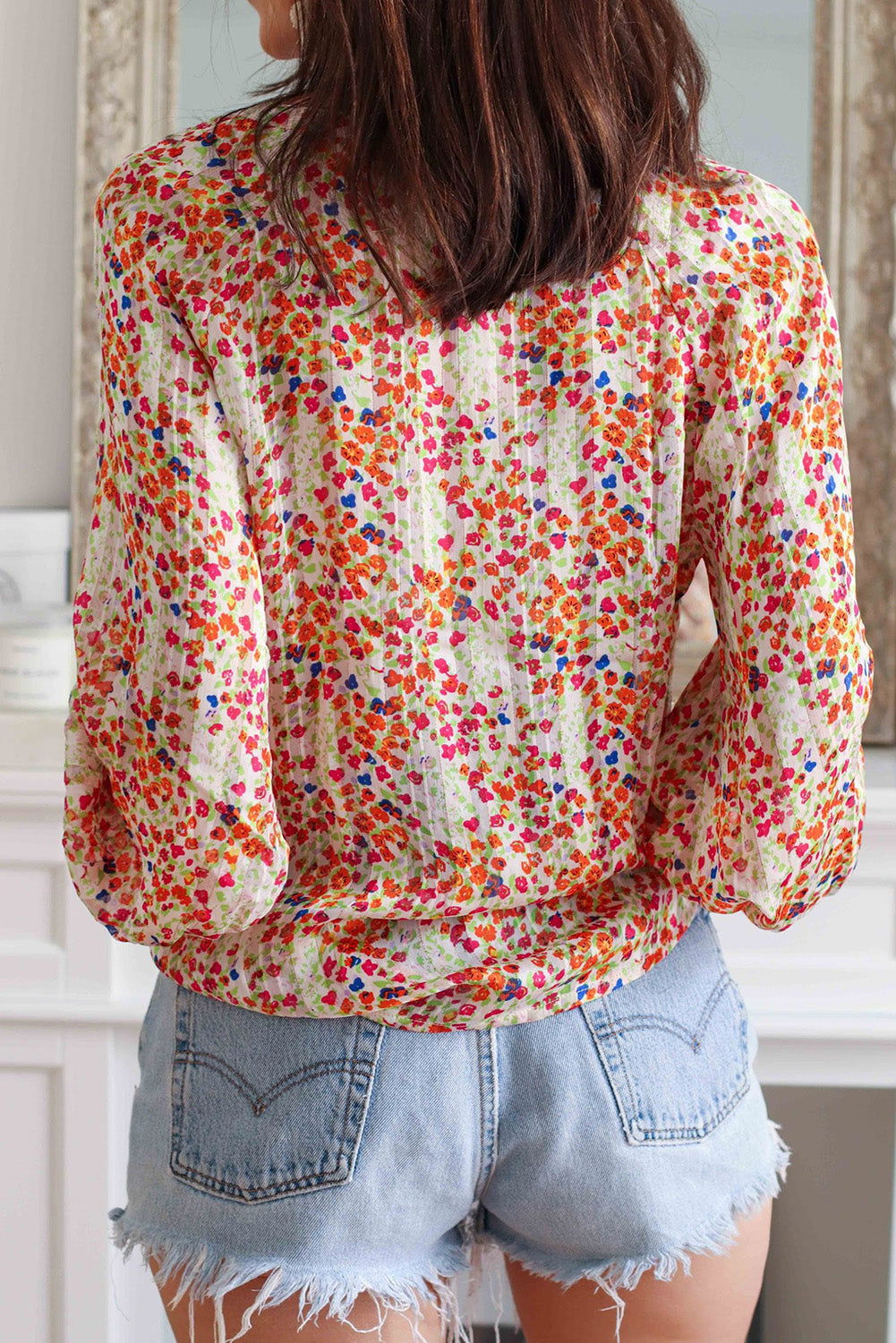 Multicolor Floral Print Boho Button Up Lantern Sleeve Blouse - Vesteeto