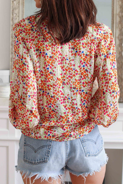 Multicolor Floral Print Boho Button Up Lantern Sleeve Blouse - Vesteeto