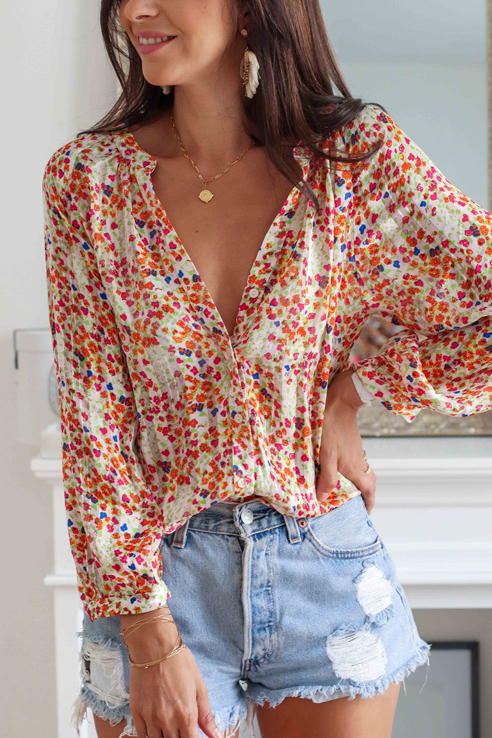 Multicolor Floral Print Boho Button Up Lantern Sleeve Blouse - Vesteeto