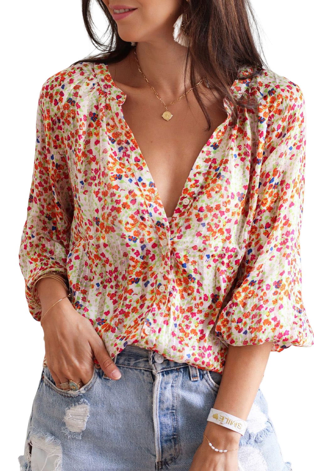 Multicolor Floral Print Boho Button Up Lantern Sleeve Blouse - Vesteeto