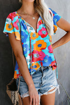 Multicolor Floral Print Drawstring V Neck Blouse - Vesteeto