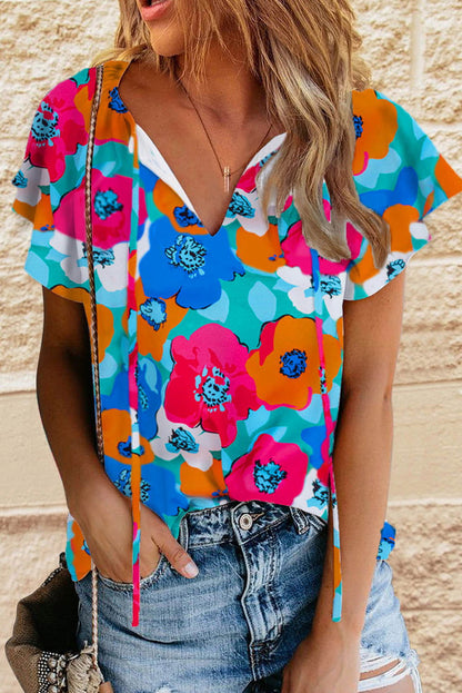 Multicolor Floral Print Drawstring V Neck Blouse - Vesteeto