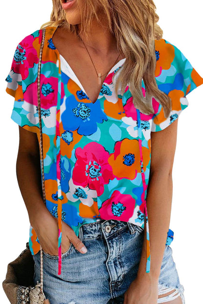 Multicolor Floral Print Drawstring V Neck Blouse - Vesteeto